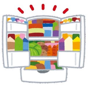 食材がぎっしり詰まった冷蔵庫のイラストで、保存スペースのなさに困っている一人暮らしの現実が伝わる。