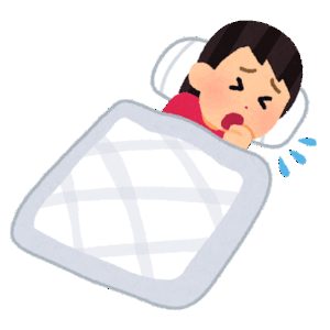 風邪で寝込んだ女性が布団の中からつらそうな表情をしており、食事の準備が難しい状況を表している。